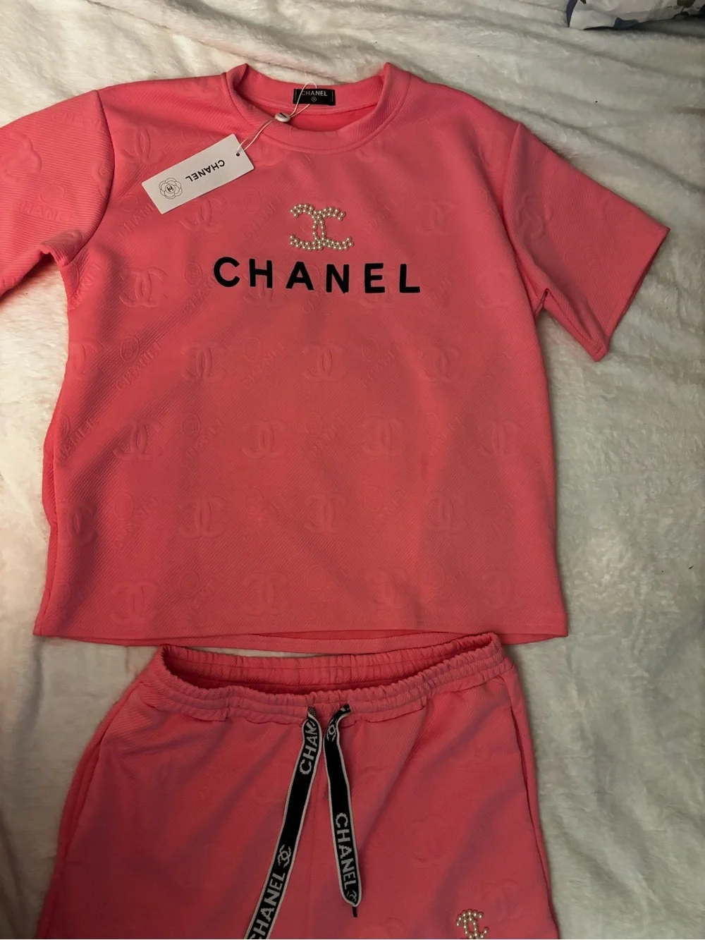 2 piece  Pink Pearl-Logo Embossed Lounge Set